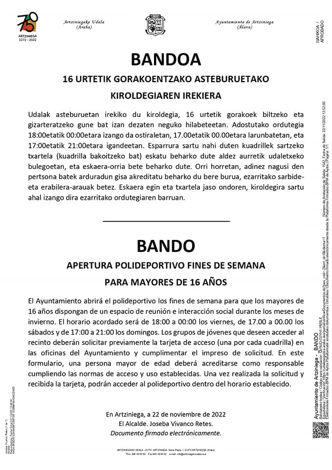 BANDO: APERTURA POLIDEPORTIVO FINES DE SEMANA PARA MAYORES DE 16 AÑOS