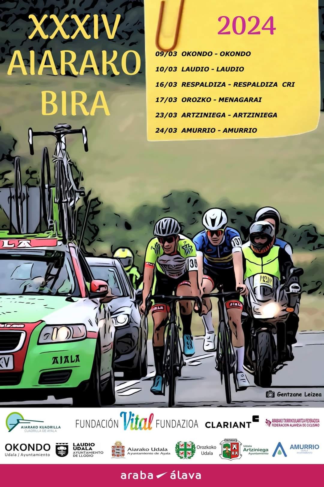 Las carreteras de Aiaraldea se llenan en marzo del mejor ciclismo con la XXXIV edición de la prestigiosa carrera Aiarako Bira. En Artziniega, en 23 de marzo, con final de etapa en el Santuario de la Encina.
