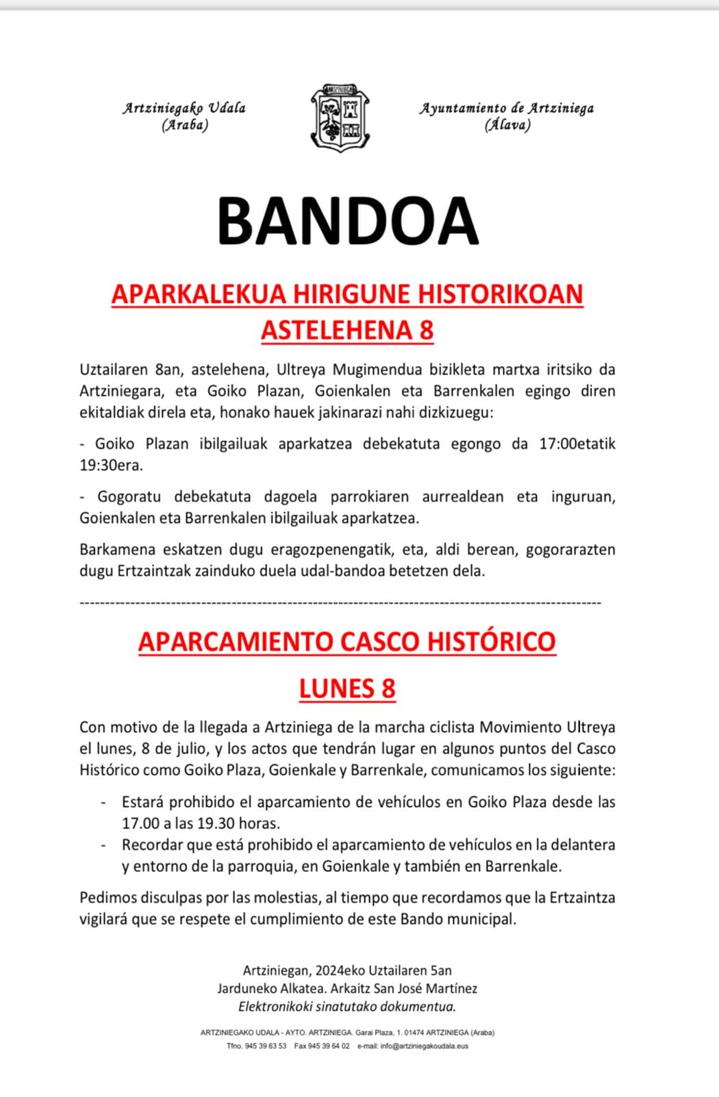BANDO: APARCAMIENTO CASCO HISTÓRICO LUNES 8