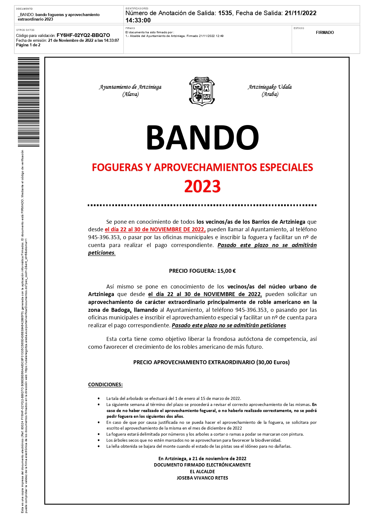 BANDO: FOGUERAS Y APROVECHAMIENTOS ESPECIALES 2023