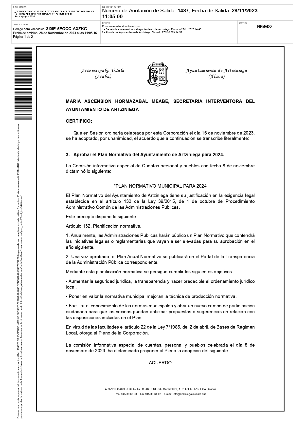 CERTIFICADO DE ACUERDO SESION ORDINAIRA 16 11 2023 Aprobar el Plan Normativo del Ayuntamiento de Artziniega para 2024 page 0001