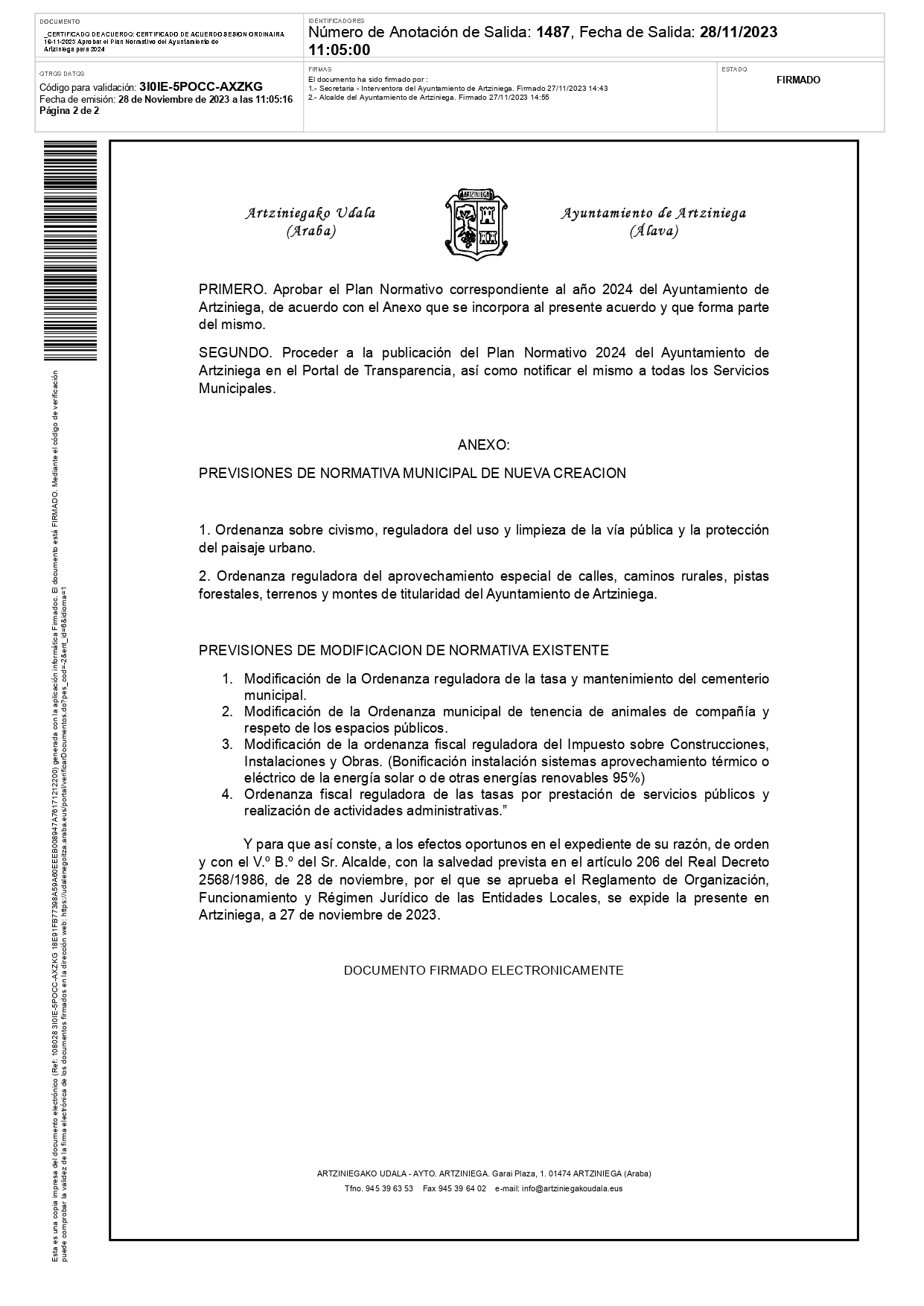 CERTIFICADO DE ACUERDO SESION ORDINAIRA 16 11 2023 Aprobar el Plan Normativo del Ayuntamiento de Artziniega para 2024 page 0002