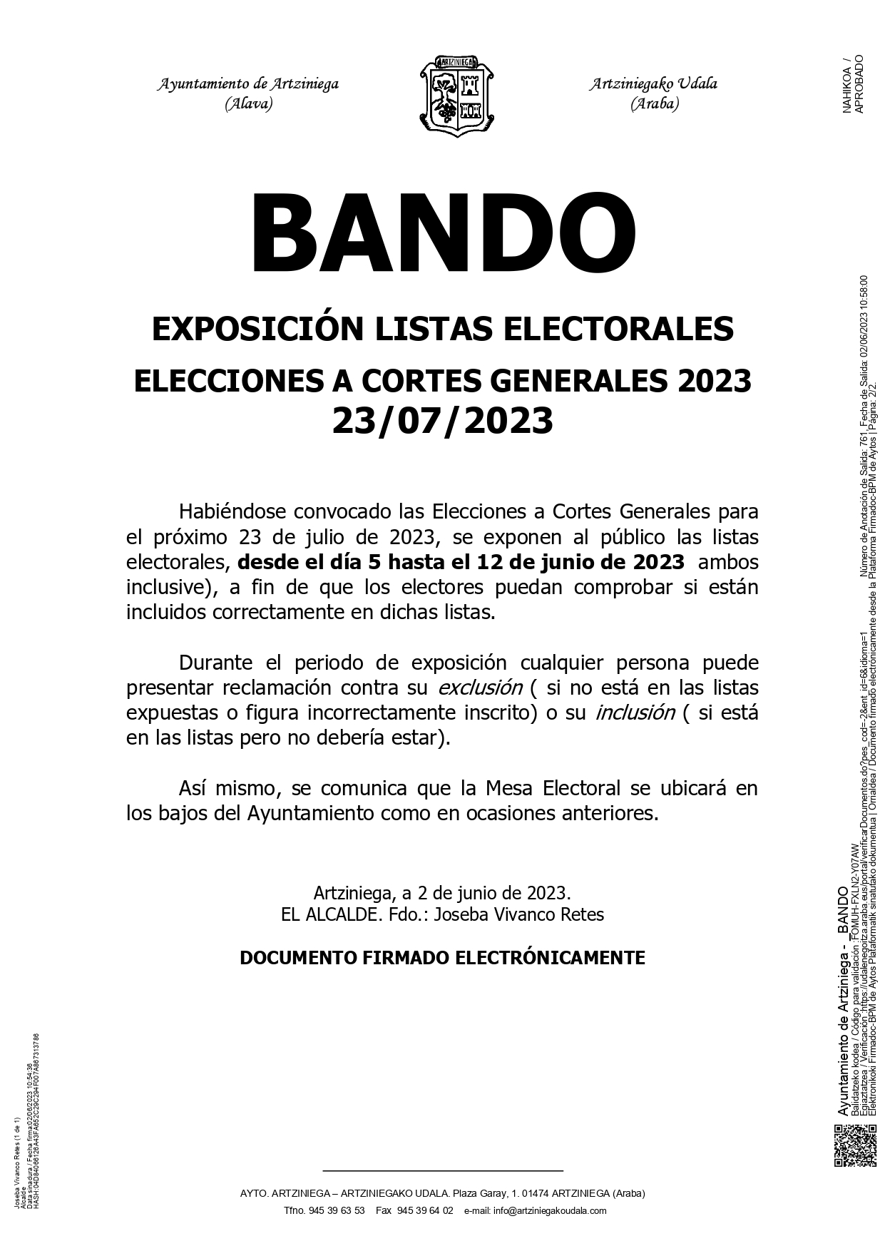 BANDO: EXPOSICIÓN LISTAS ELECTORALES ELECCIONES A CORTES GENERALES 2023 23/07/2023