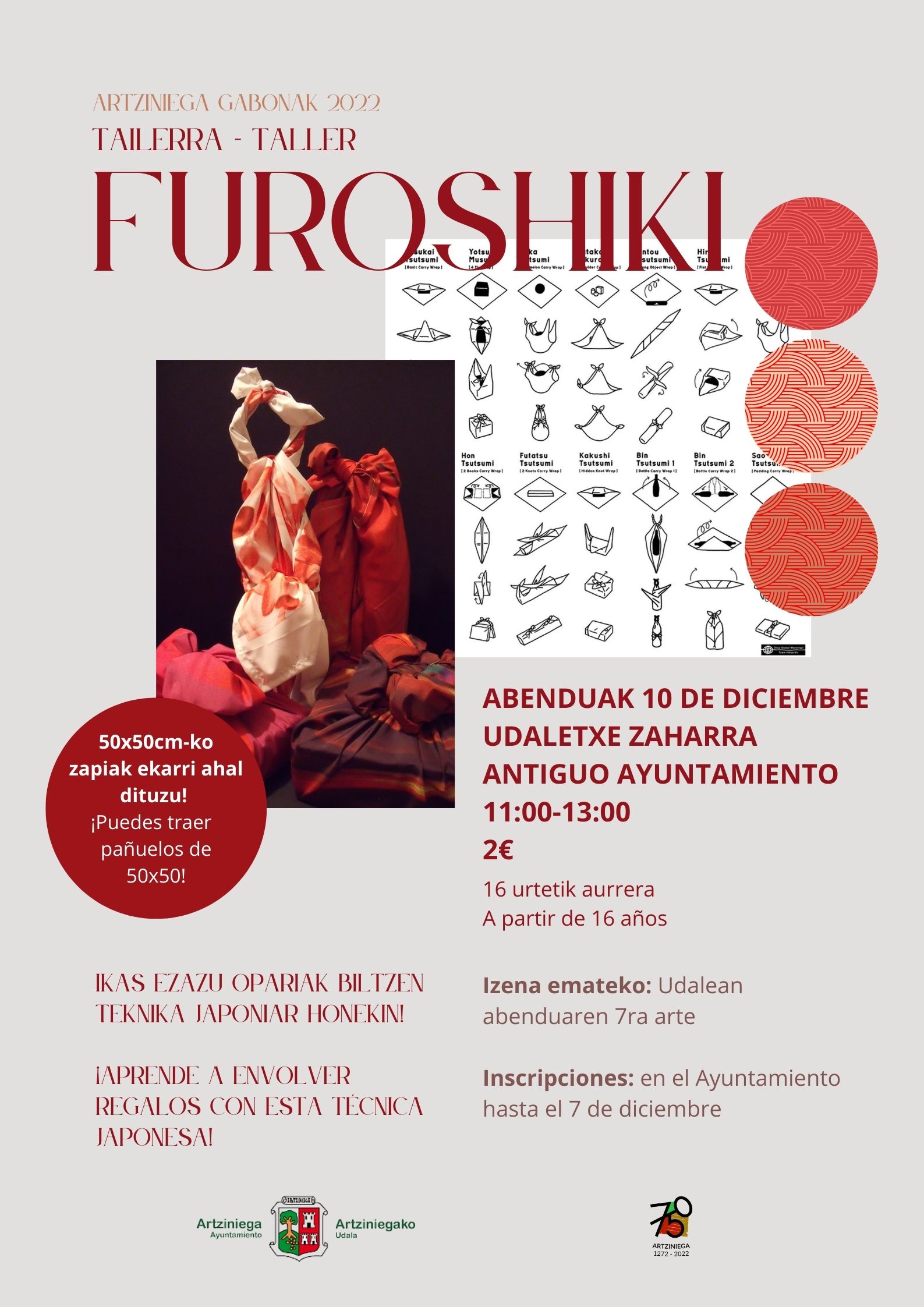 ARTZINIEGAKO GABONAK 2022: TALLER FUROSHIKI( 11 diciembrea las 11:00 en el Antiguo Ayuntamiento)