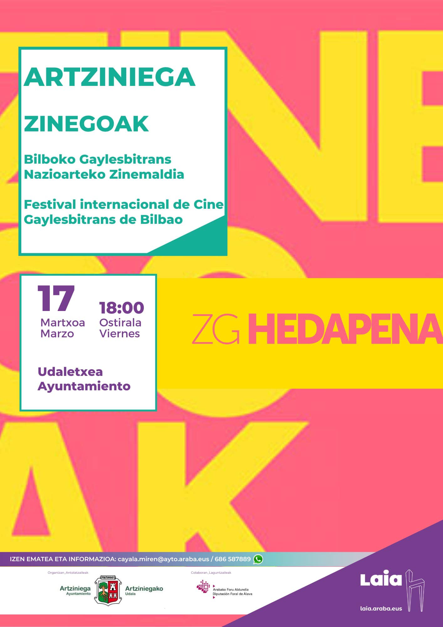 El viernes, 17 de marzo, a las 18:00 en el Ayuntamiento traeremos un pedacito de Zinegoak, el Festival Internacional de Cine Gaylesbitrans de Bilbao, a Artziniega.