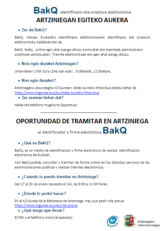 OPORTUNIDAD DE TRAMITAR EN ARTZINIEGA el identificador y firma electrónica BakQ